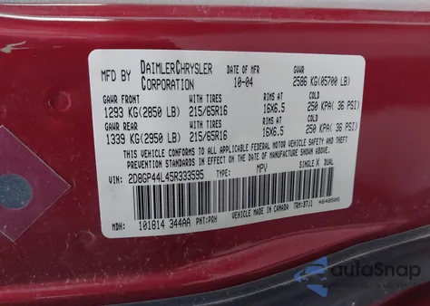 2005 Dodge Grand Caravan Sxt z USA, uszkodzony, nr VIN 2D8GP44L45R333595